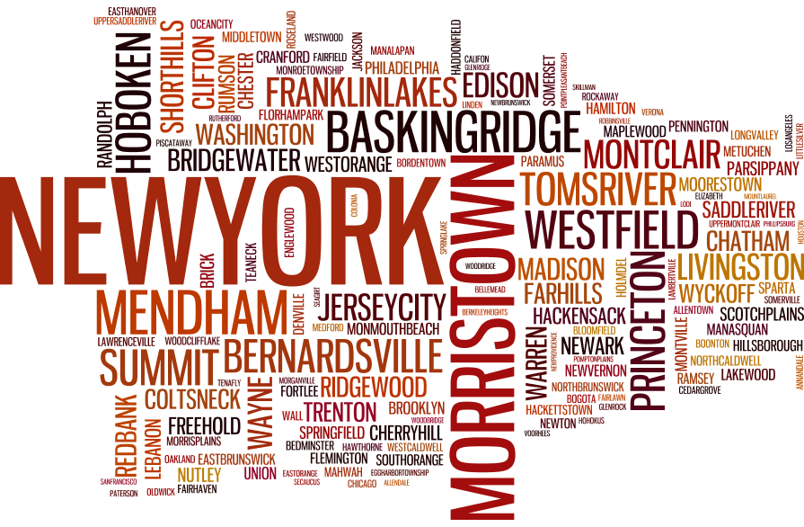 A Wordle showing the cities who most frequently contributed money to the 2009 NJ Governor campaigns